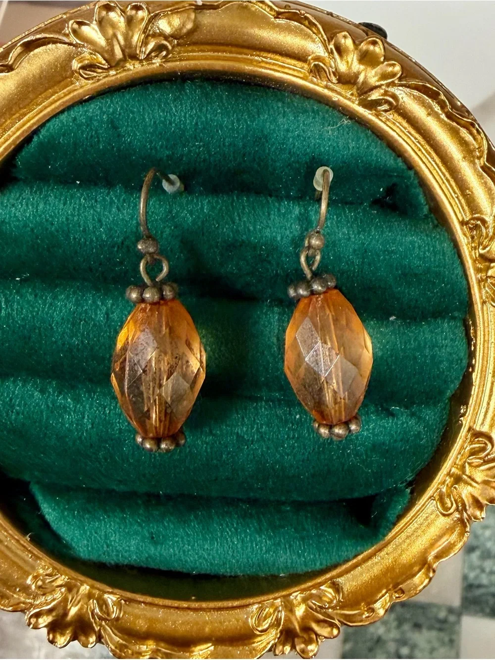 Avon Brown Amber and Clear Faceted Bead Necklace + Earring Set